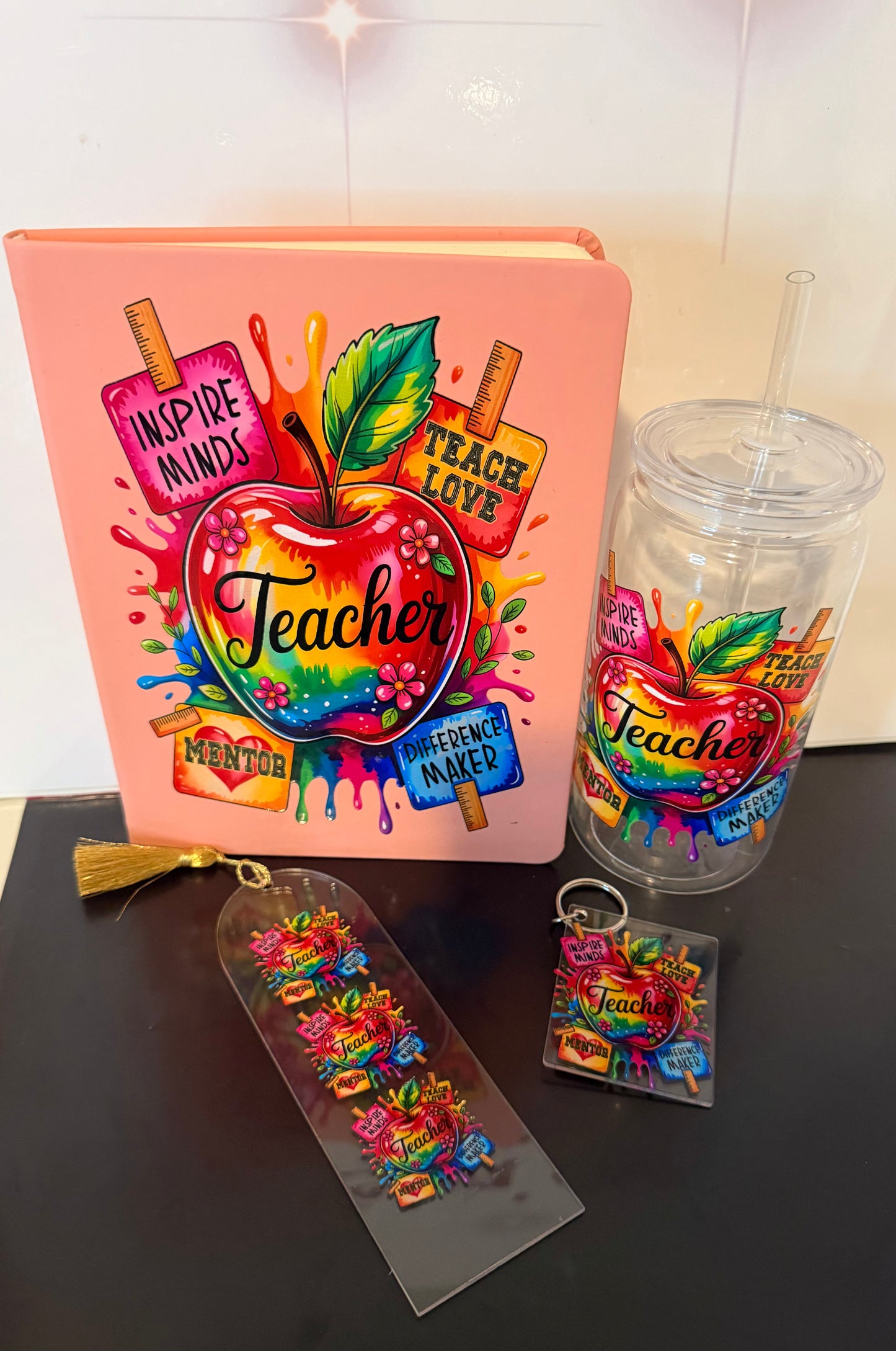 Teacher Appreciation Gift Bundle – “Teach With Heart” Journal, Tumbler, Bookmark & Keychain
